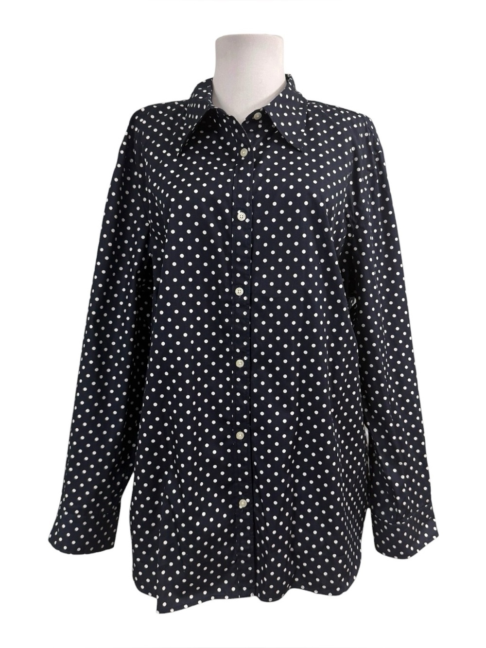 Chaps Women's 2X Button Down Blouse Polka Dots Navy Blue Career 100% Cotton